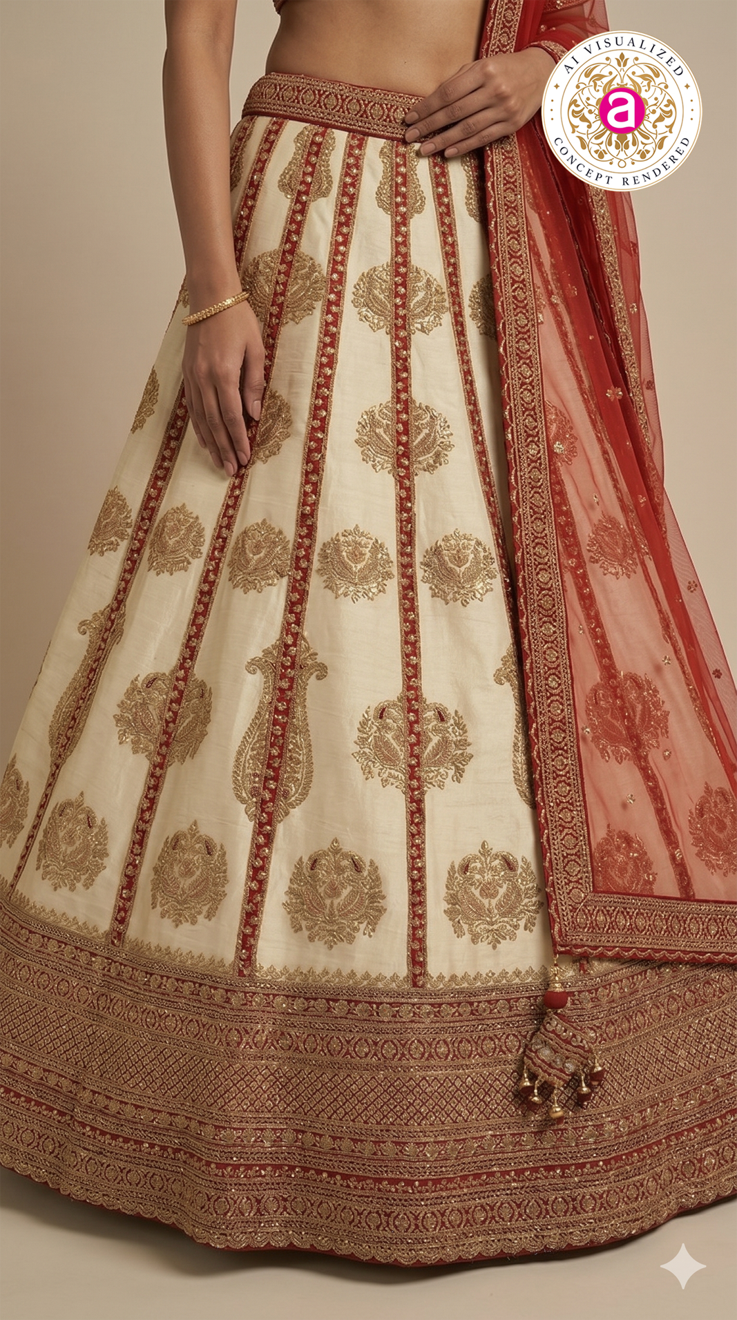 Ivory White & Ruby Red Designer Embroidered Lehenga Set with Organza Dupatta