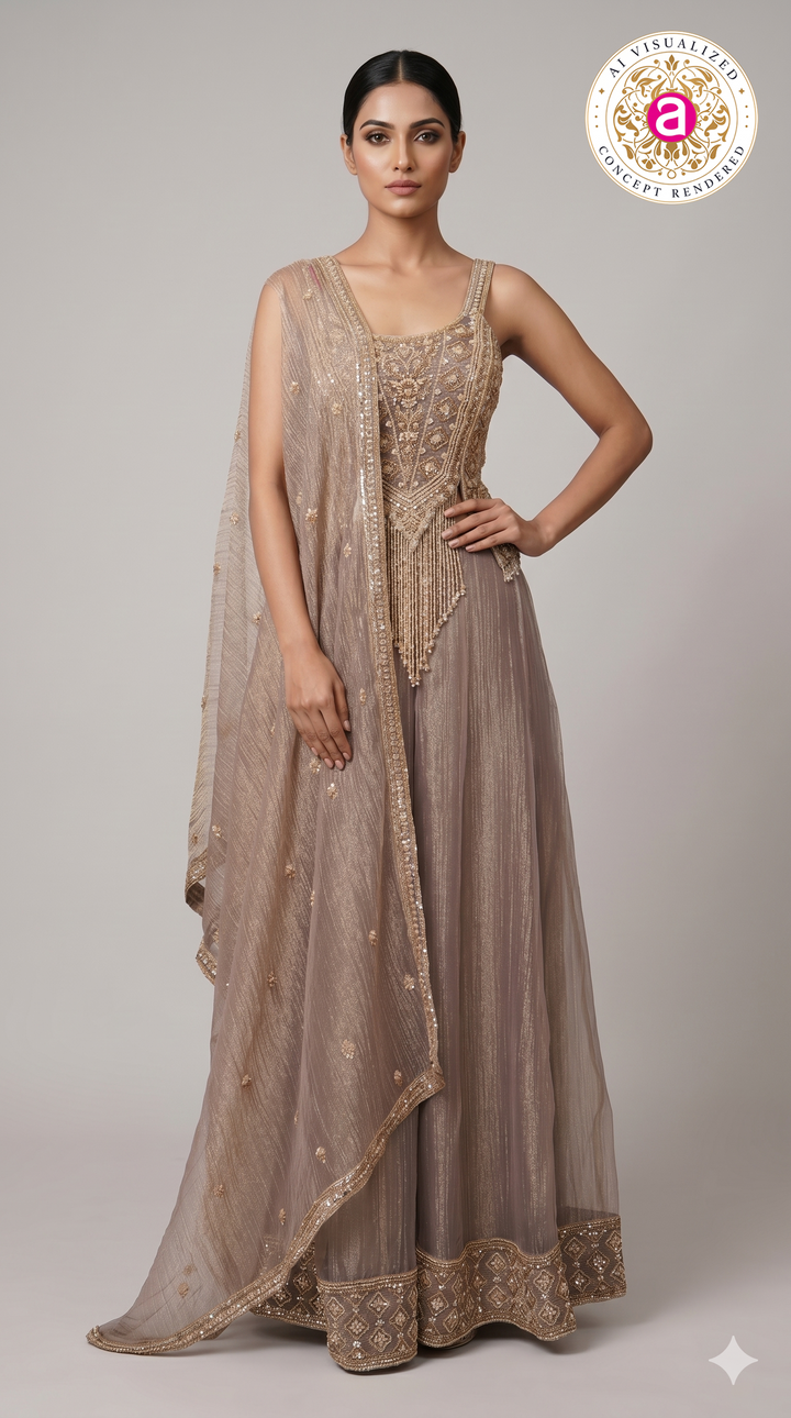 Taupe Beige Embellished Palazzo Set with Handworked Bodice & Designer Dupatta