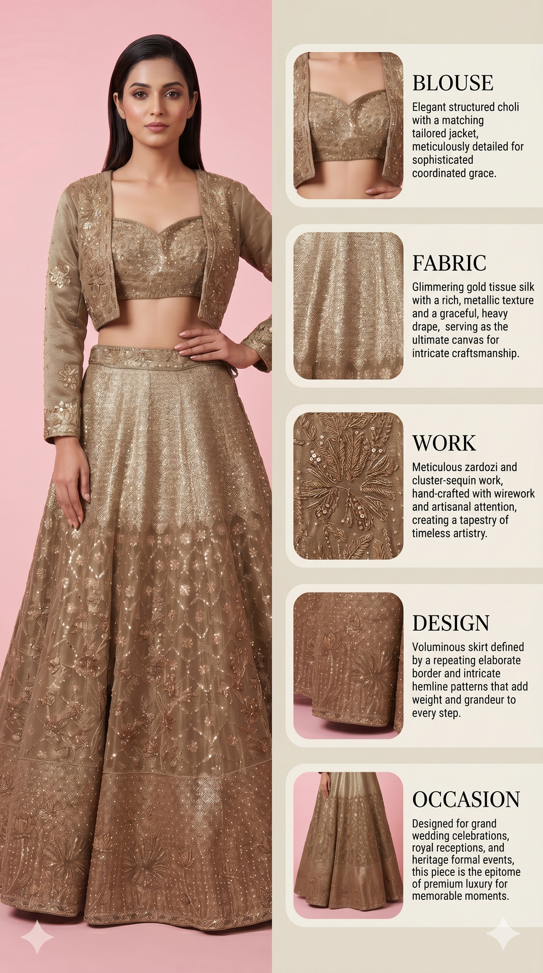Champagne Gold Embroidered Lehenga Set with Designer Jacket