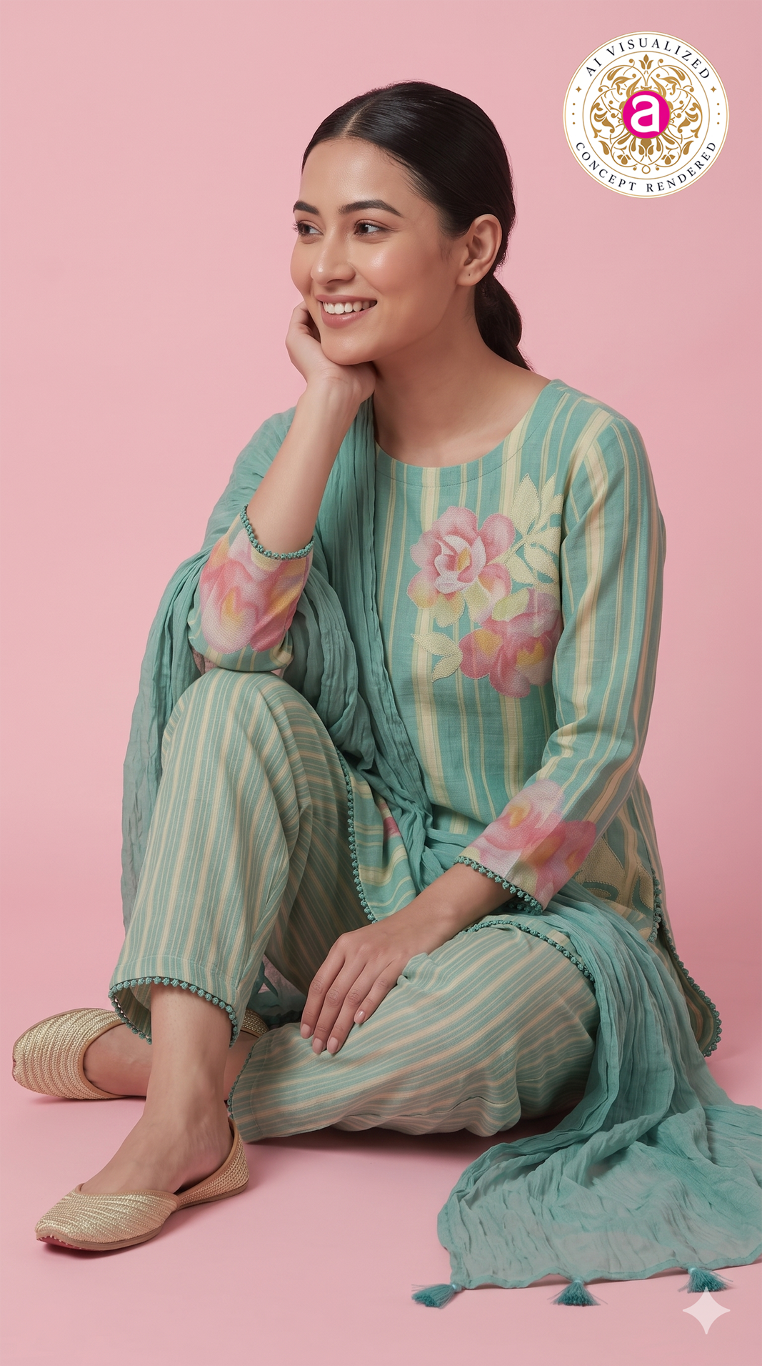 Aqua Blue Floral Printed Straight Kurta Set with Dupatta