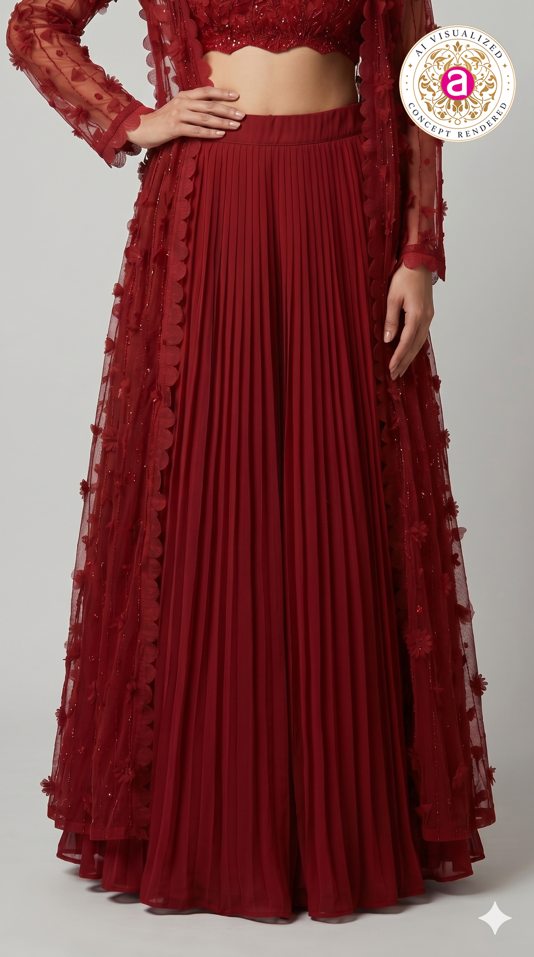 Ruby Red Embroidered Lehenga Set with Sheer Cape Jacket