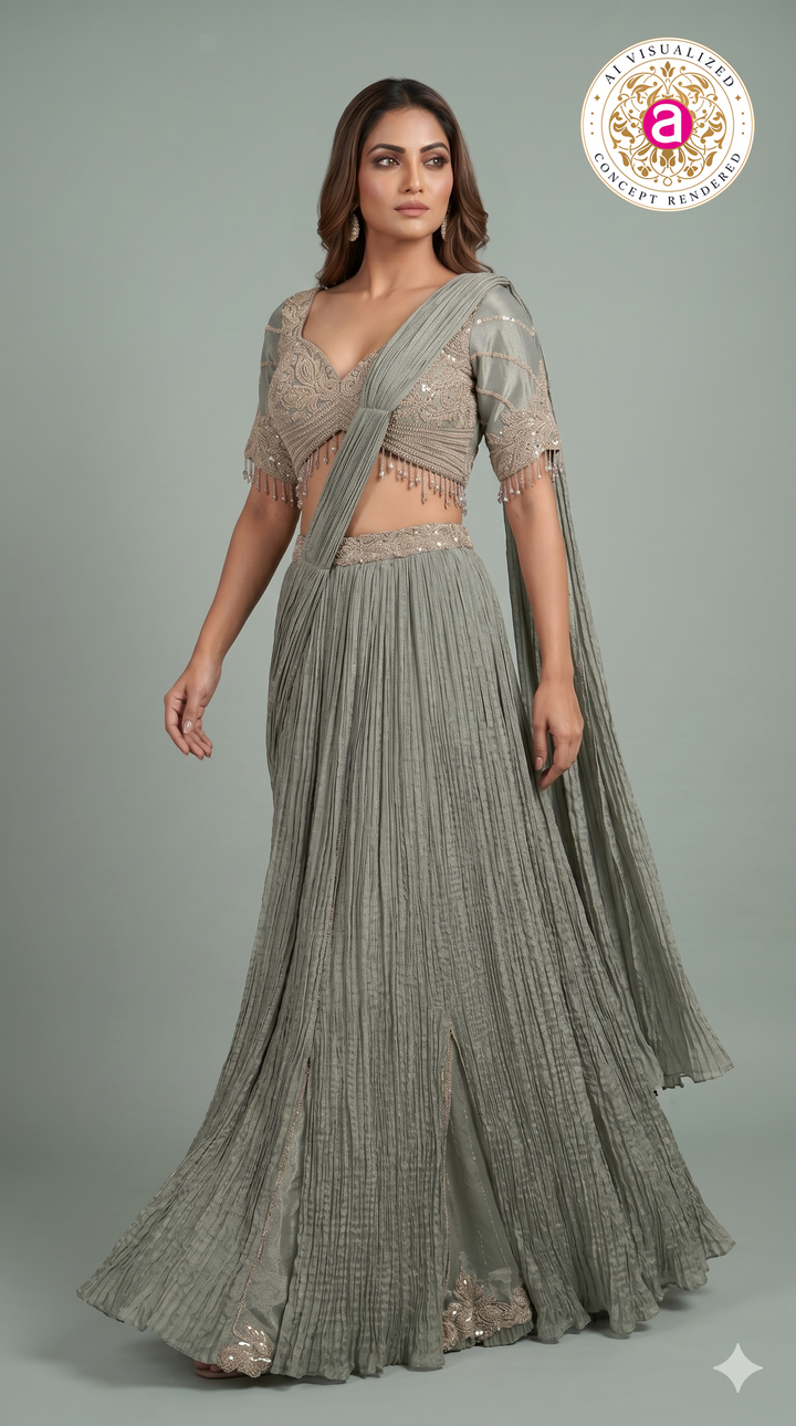 Dusty Sage Green Crushed Lehenga Set with Embroidered Blouse & Drape Dupatta