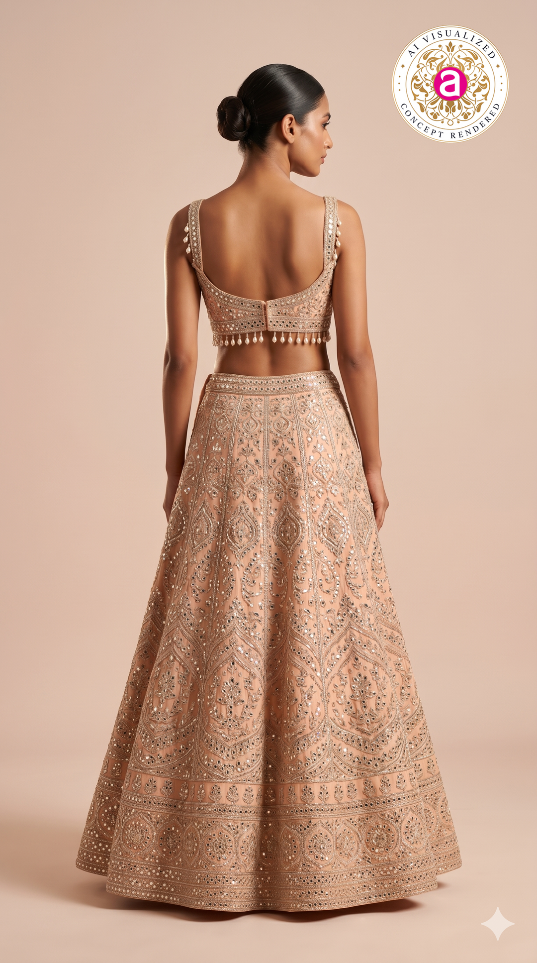 Blush Nude Embellished Lehenga Set with Mirror Work Blouse and Choker Dupatta