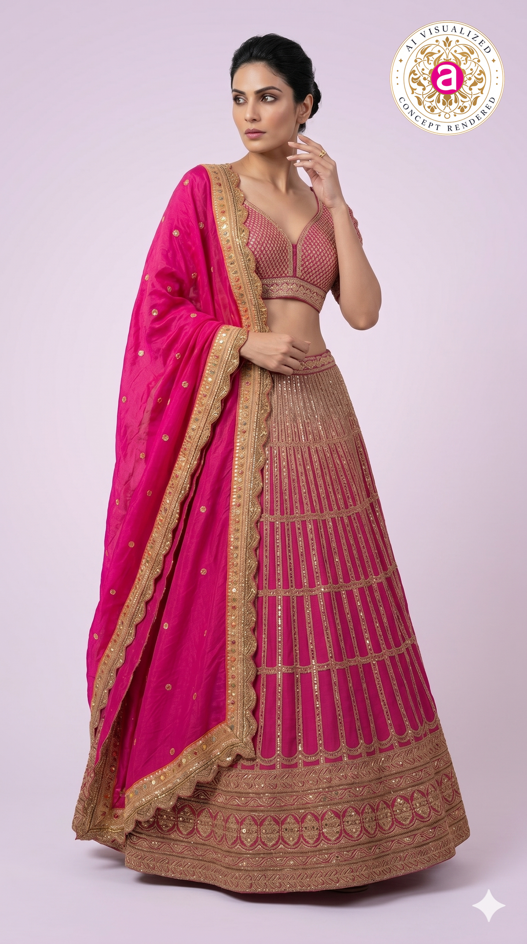 Rani Pink Embroidered Lehenga Choli with Zari Work & Dupatta