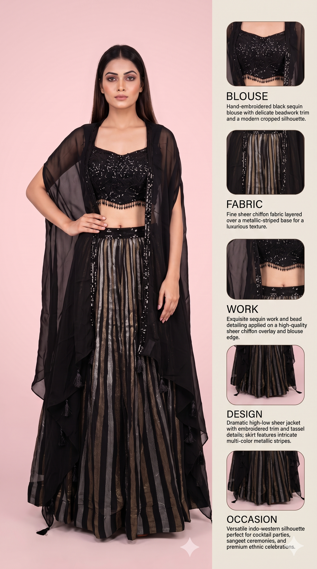 Black Striped Palazzo Set with Sequin Blouse & Cape