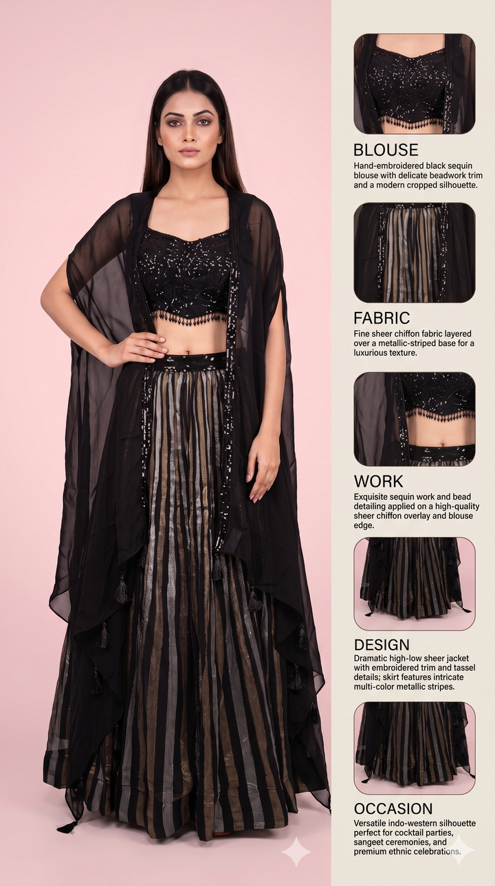 Black Striped Palazzo Set with Sequin Blouse & Cape