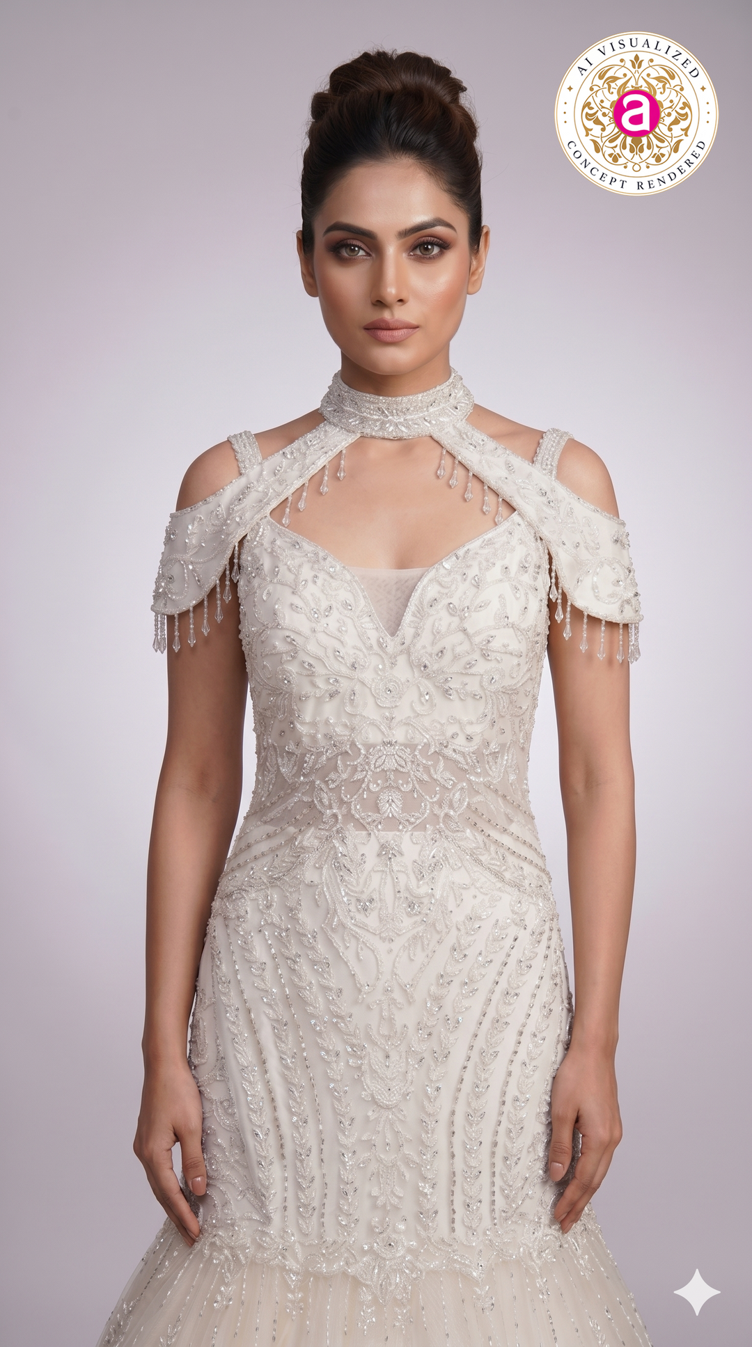 Ivory Pearl Embellished Mermaid Gown with Cold-Shoulder Cape Sleeves