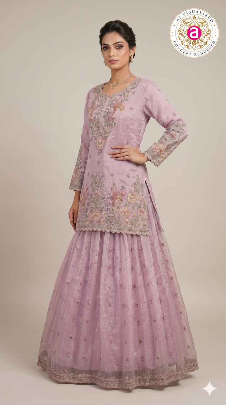 Blush Pink Embroidered Designer Kurta Sharara Set