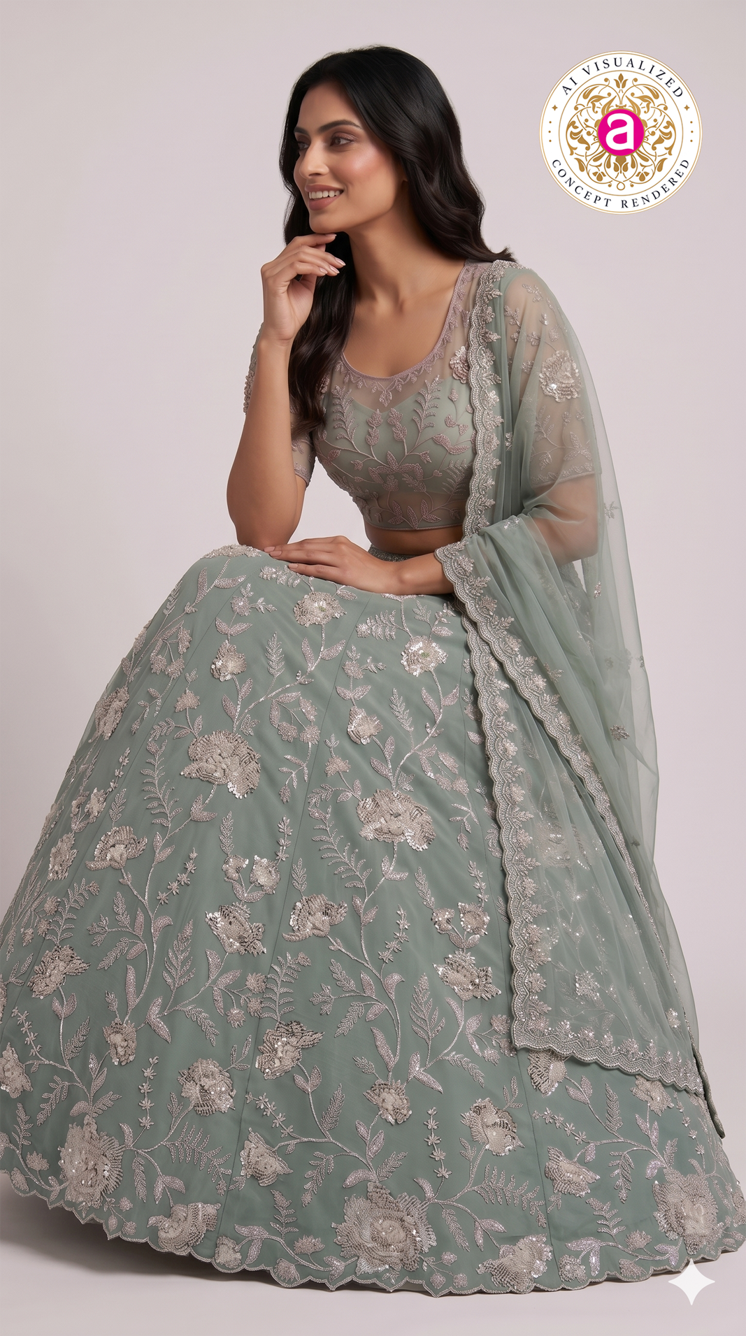 Sage Green Floral Embroidered Designer Lehenga Set with Net Dupatta