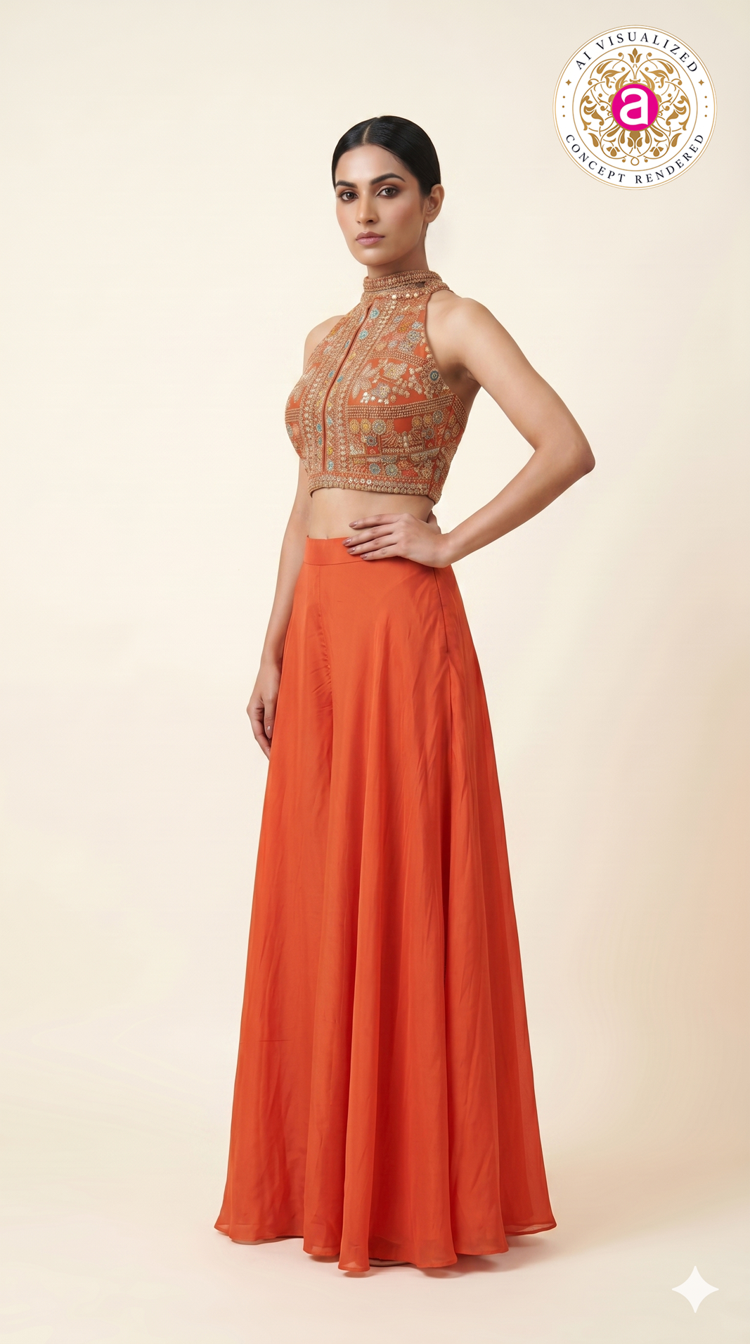 Orange Embroidered Halter Neck Palazzo Set