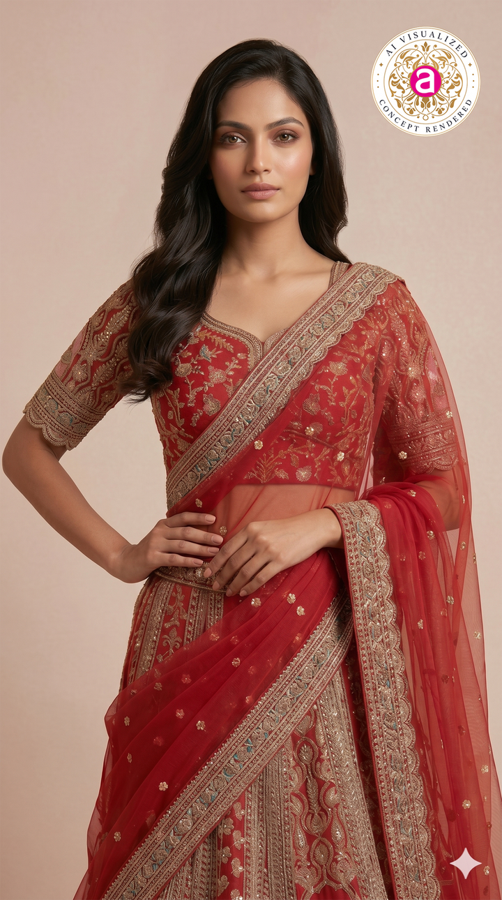 Royal Maroon Bridal Lehenga Set with Heritage Zari Embroidery & Designer Scalloped Net Dupatta
