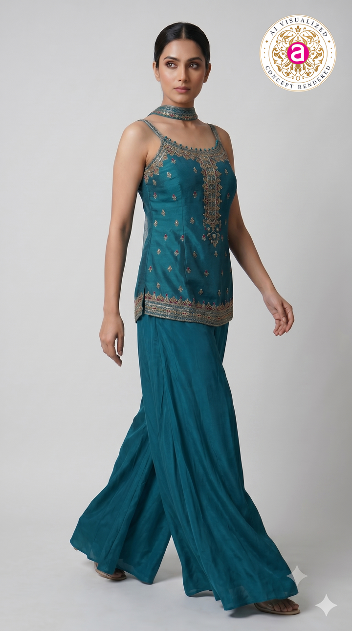 Teal Blue Embroidered Designer Palazzo Set