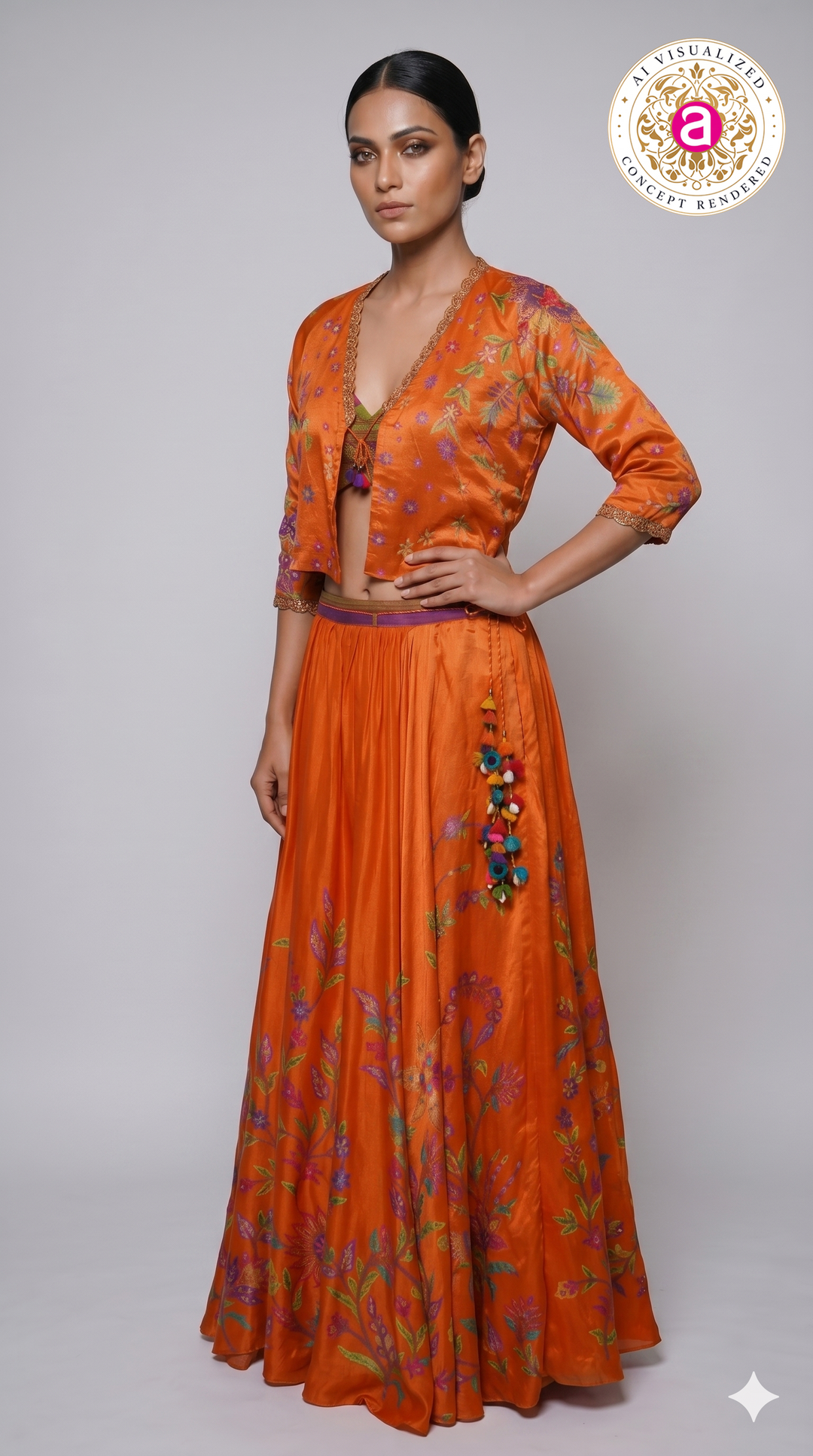 Vibrant Orange Floral Printed Indo-Western Skirt Set with Embroidered Jacket