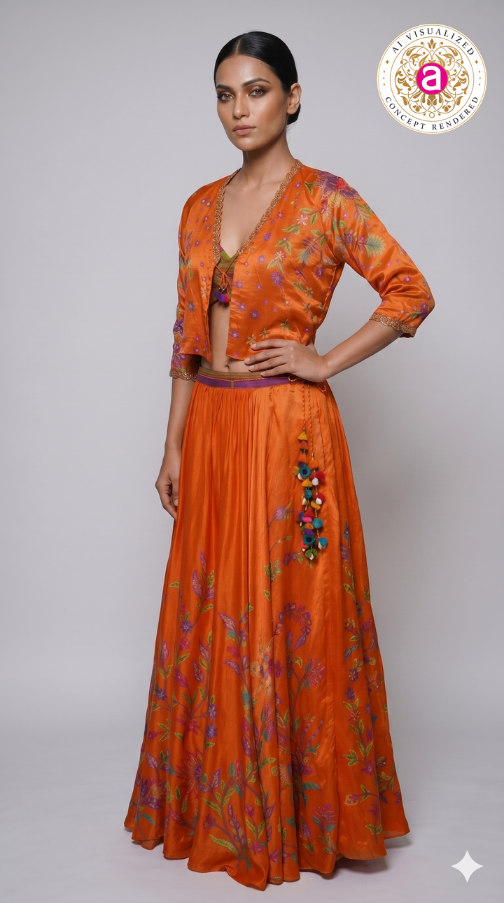 Vibrant Orange Floral Printed Indo-Western Skirt Set with Embroidered Jacket