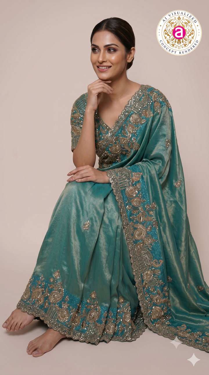 Teal Blue Designer Saree with Antique Gold Embroidered Blouse