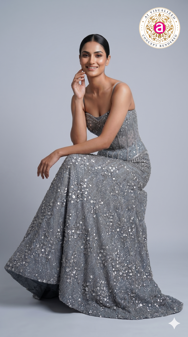 Steel Grey Crystal Embellished Mermaid Evening Gown