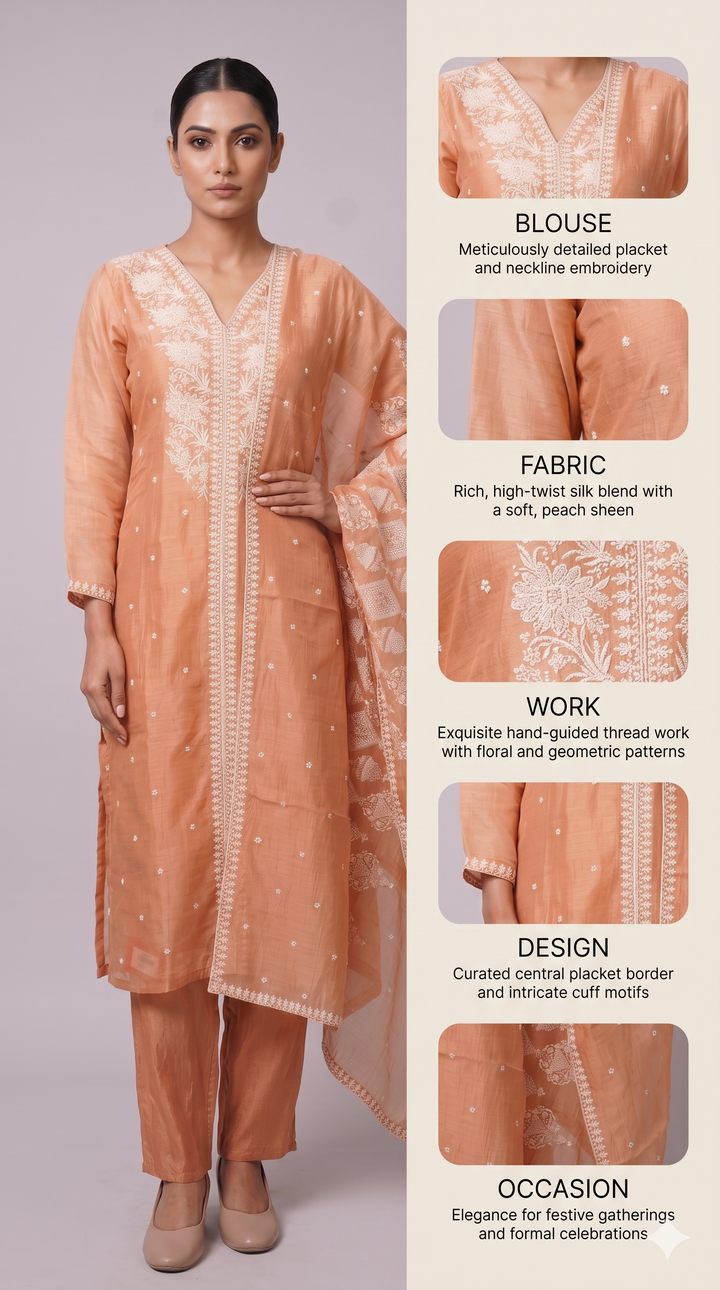 Peach Embroidered Straight Kurta Set with Matching Pants & Dupatta