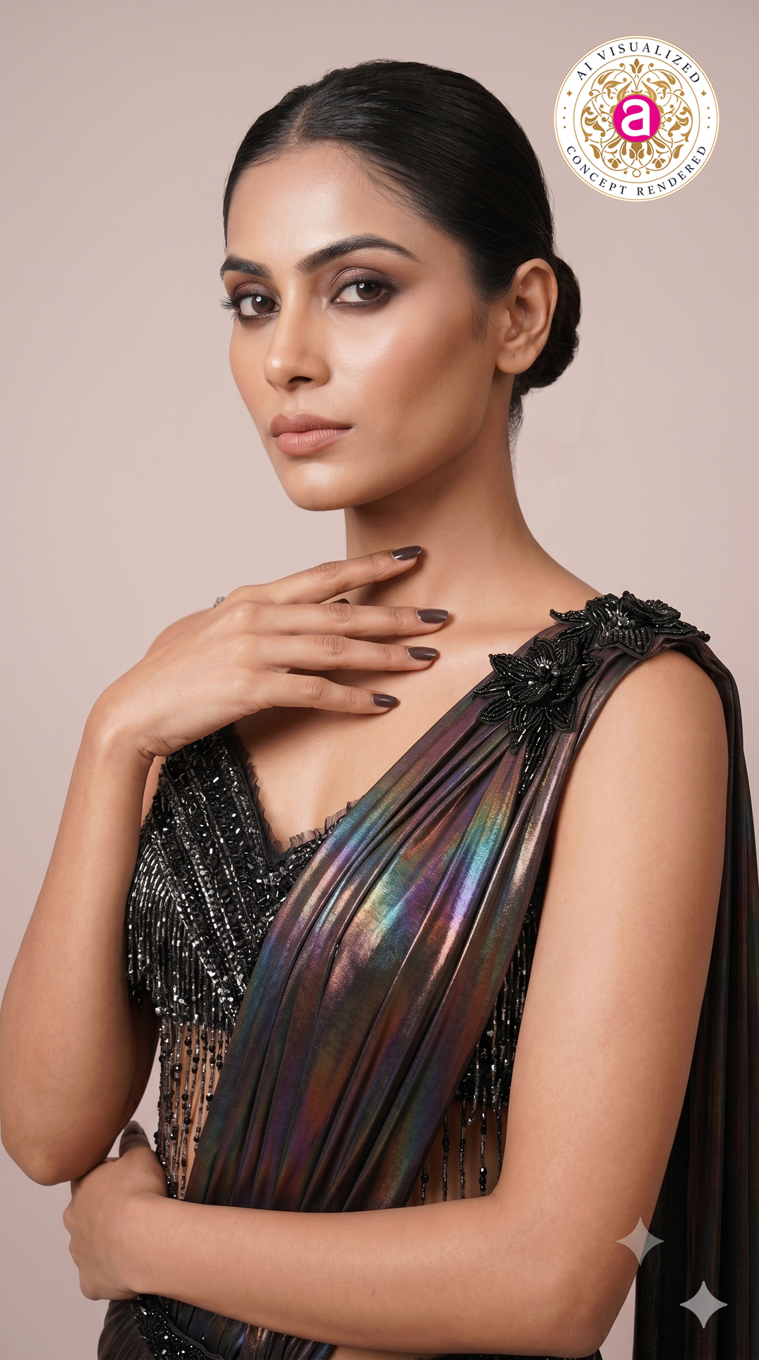 Midnight Prism Ready-to-Wear Metallic Saree with Fringe Designer Blouse