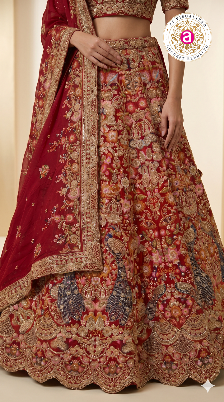 Royal Crimson Bridal Lehenga Set with Intricate Zardozi Embroidery & Peacock Motifs