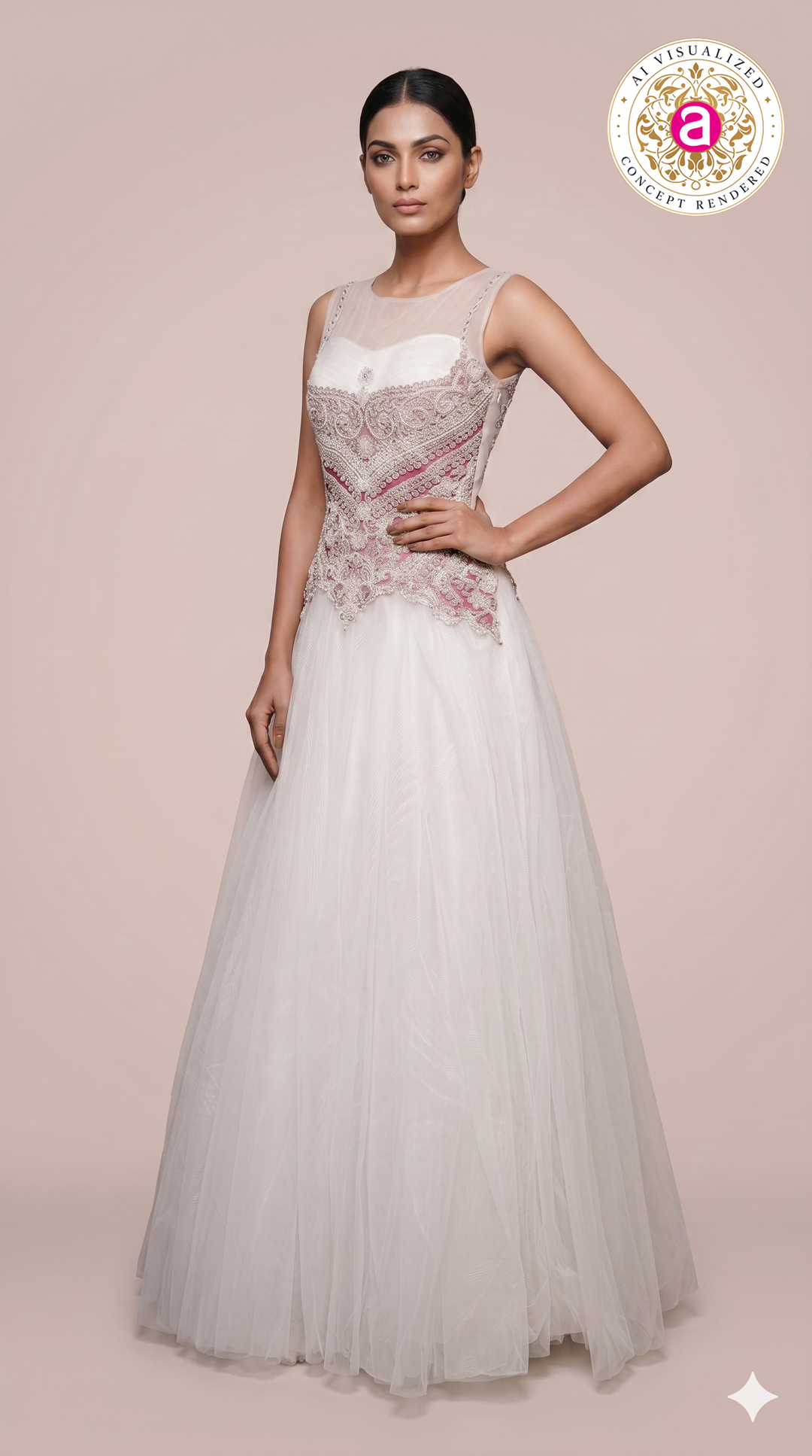 Ivory White Ball Gown with Blush Pink Embroidered Corset Bodice