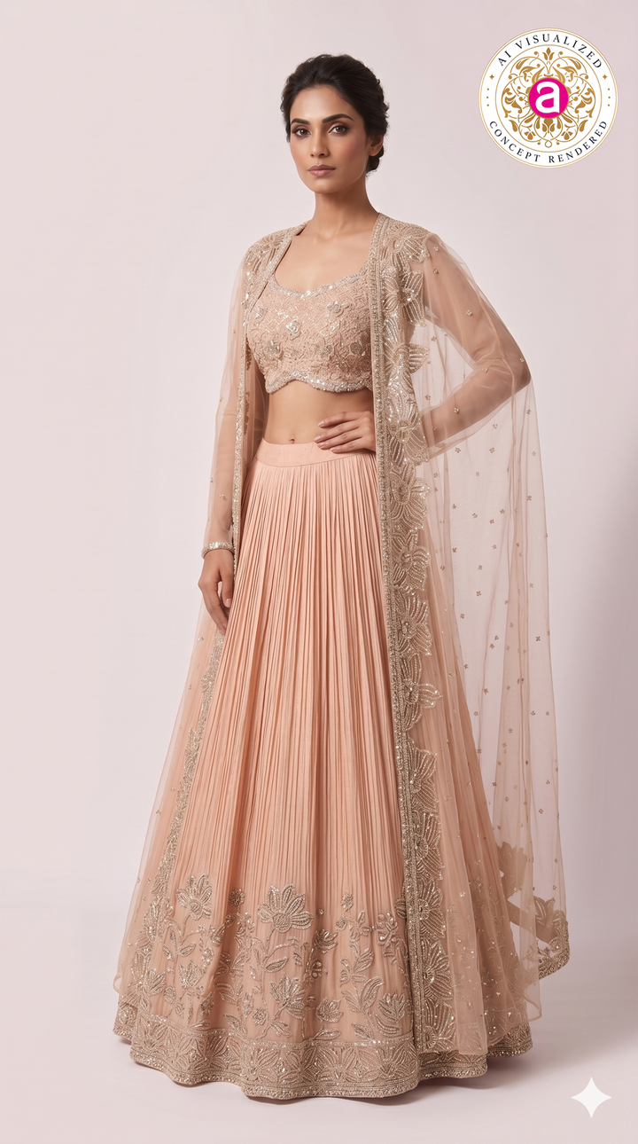 Blush Pink Embroidered Pleated Lehenga Set with Net Dupatta