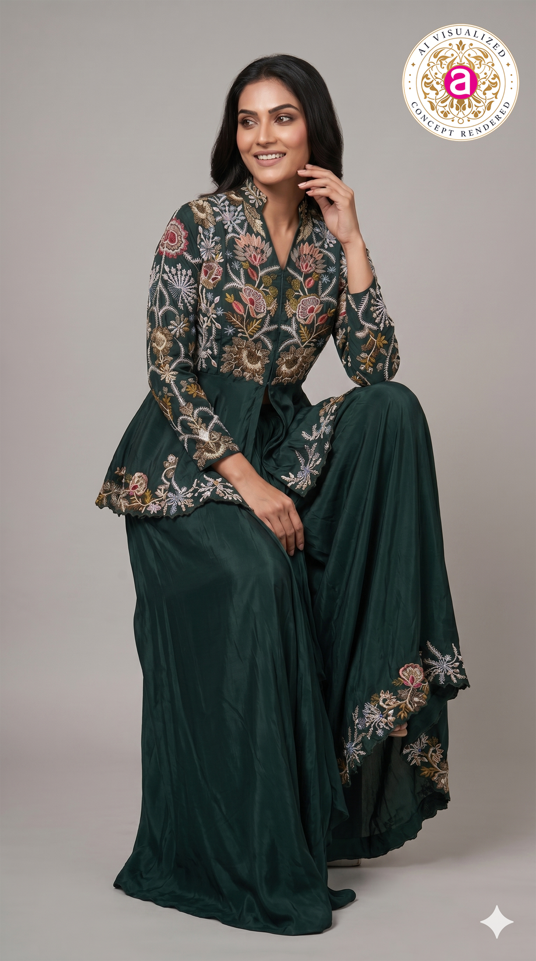 Emerald Green Embroidered Indo-Western Co-Ord Set with Peplum Jacket