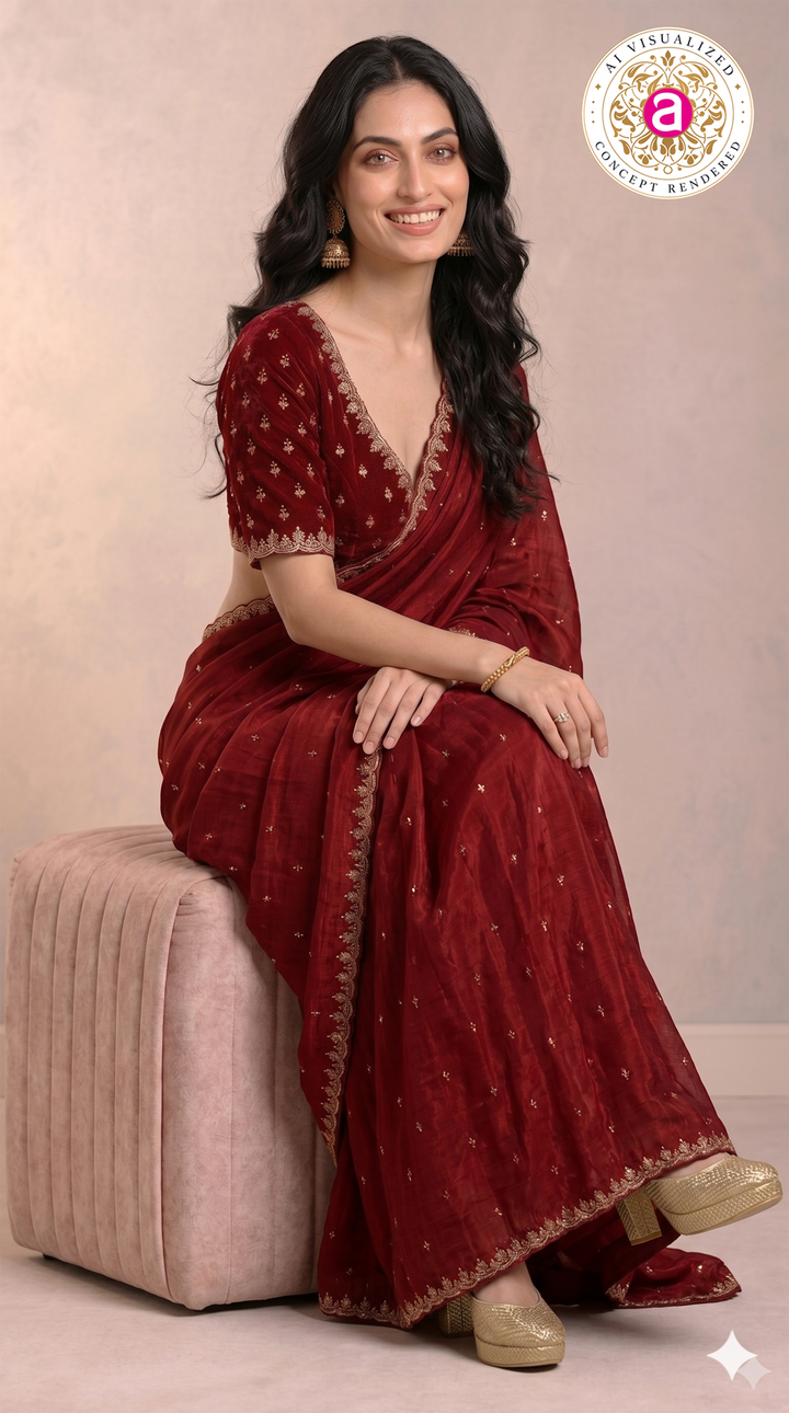 Wine Red Handwork Saree with Designer Handwork Blouse