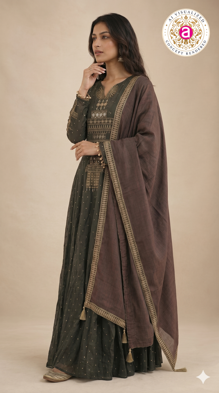 Charcoal Black Embellished Anarkali Set with Contrast Dupatta