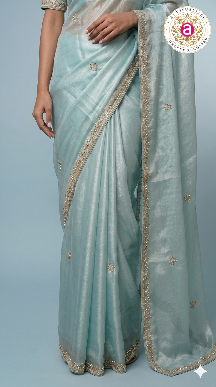 Sky Blue Hand-Embellished Designer Saree with Mirror Work Blouse