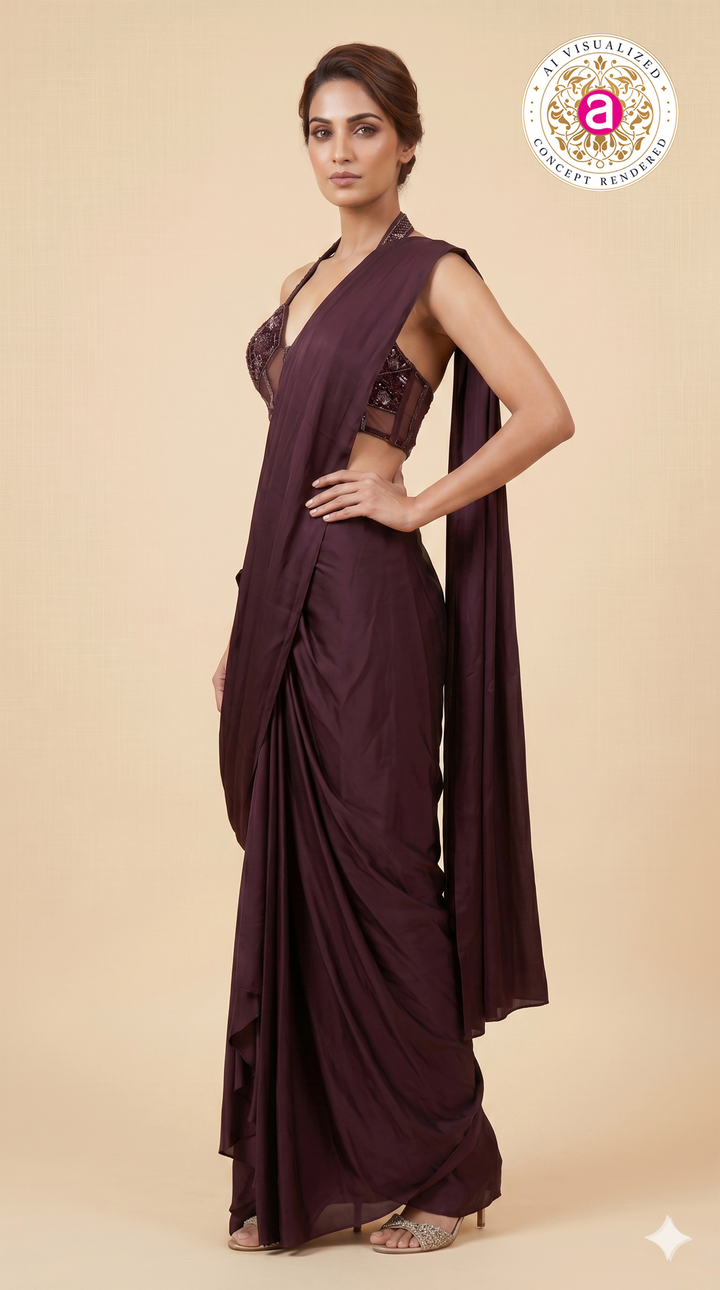 Wine Purple Ready-to-Wear Draped Saree with Embellished Halter Blouse