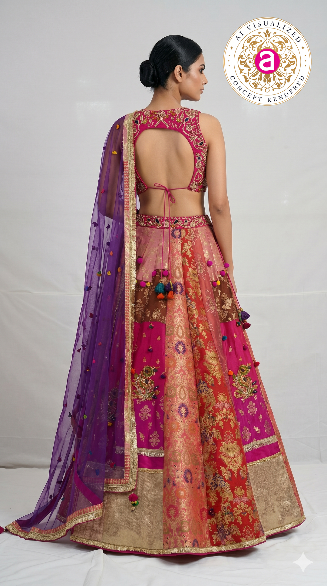 Rani Pink & Multicolour Banarasi Woven Designer Lehenga Choli with Purple Net Dupatta