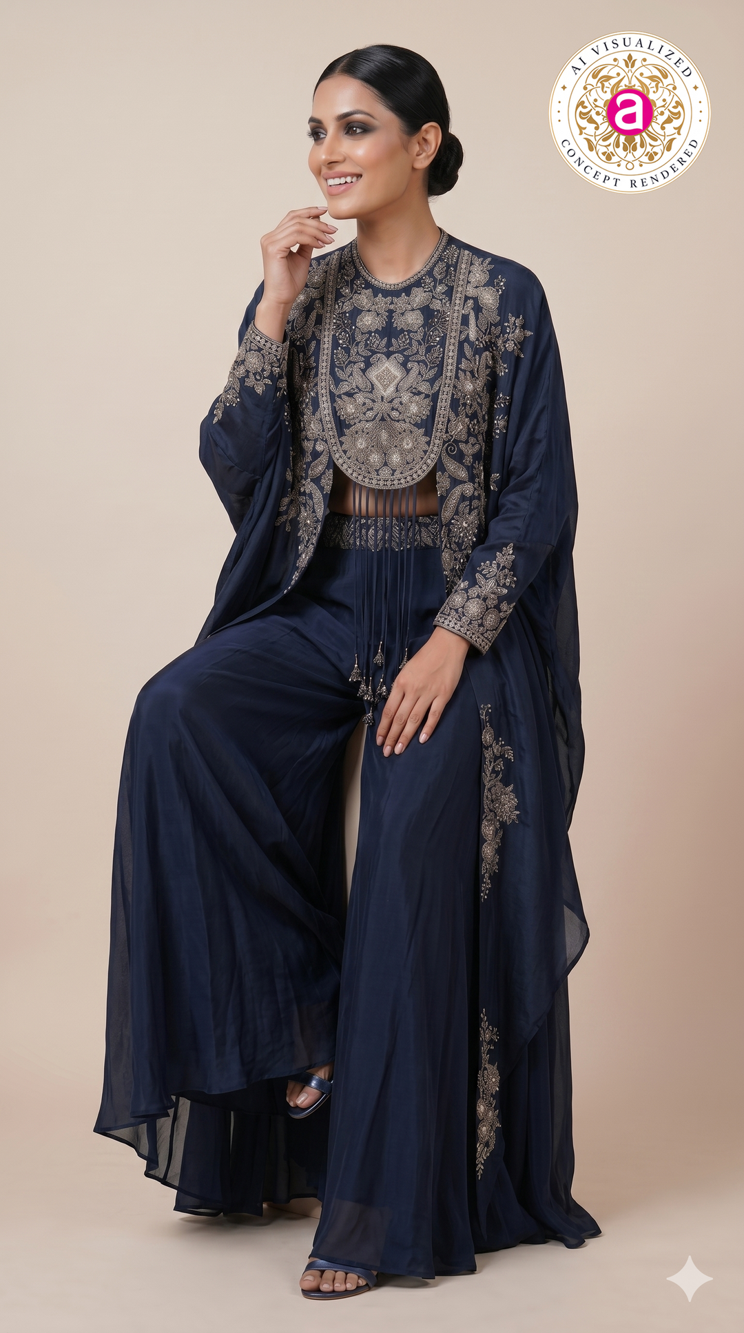 Midnight Blue Embroidered Cape Style Designer Ensemble