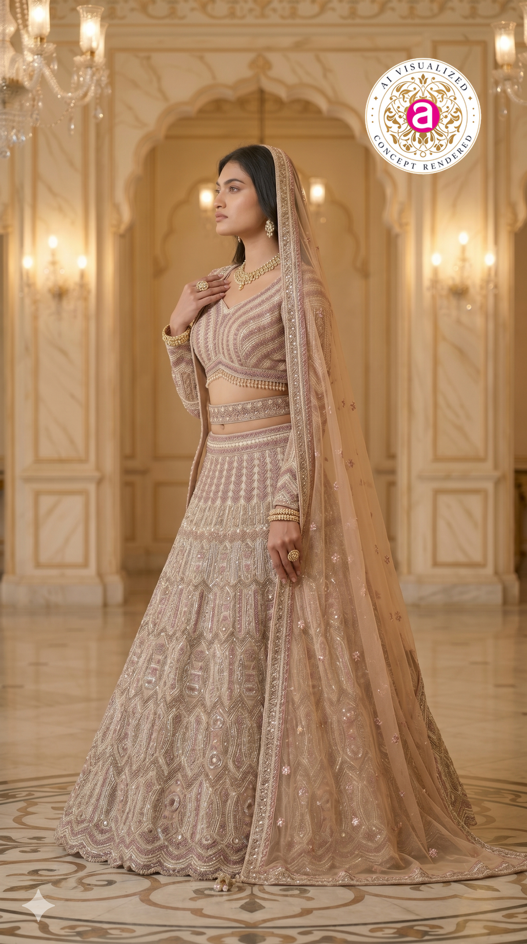 Champagne Beige Designer Lehenga Set with Intricate Embroidered Blouse and Net Dupatta