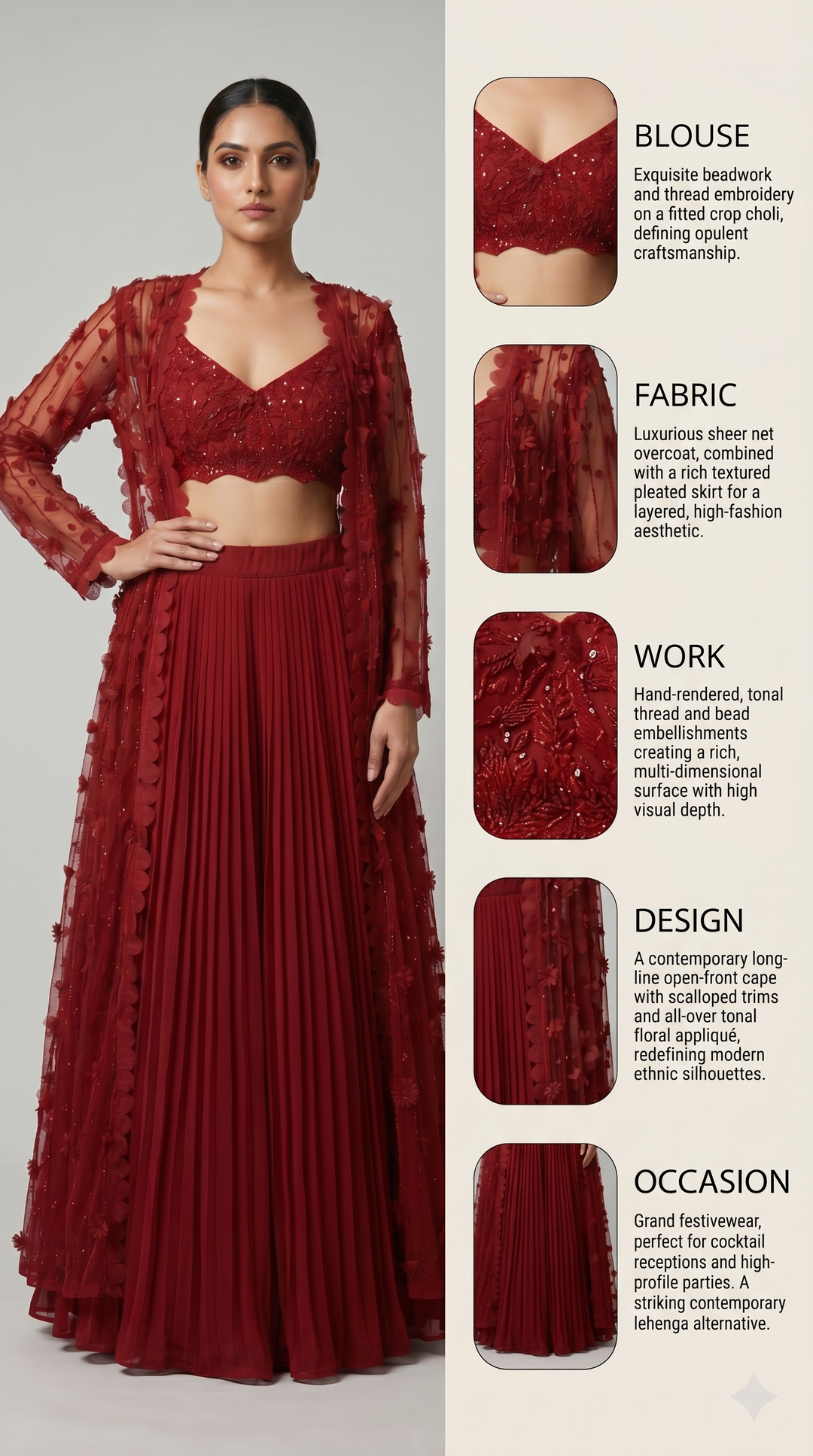 Ruby Red Embroidered Lehenga Set with Sheer Cape Jacket