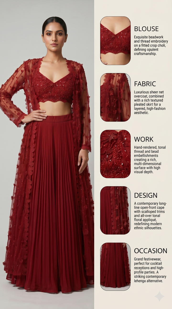 Ruby Red Embroidered Lehenga Set with Sheer Cape Jacket