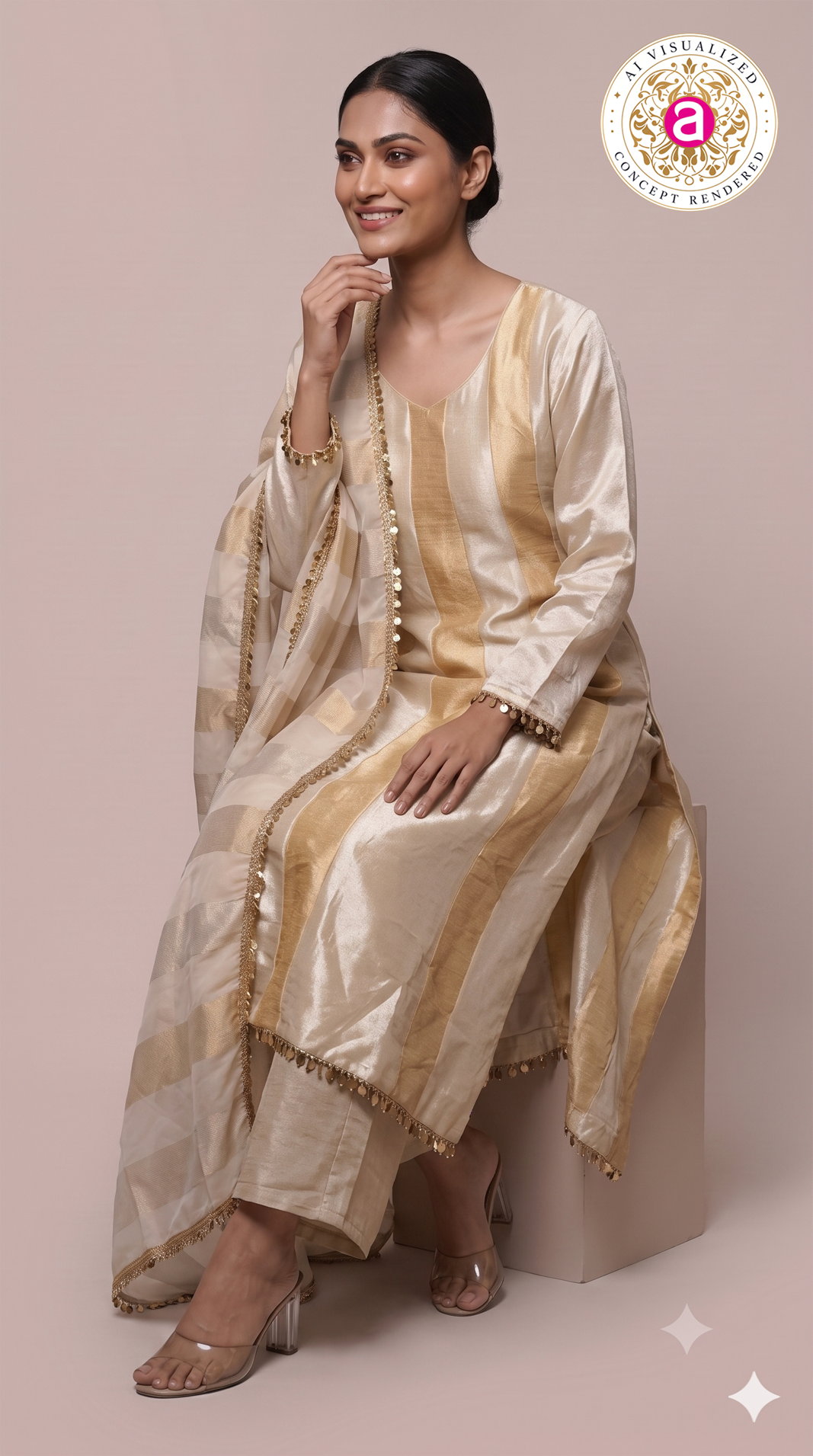 Champagne Gold Kurta Palazzo Set with Striped Dupatta