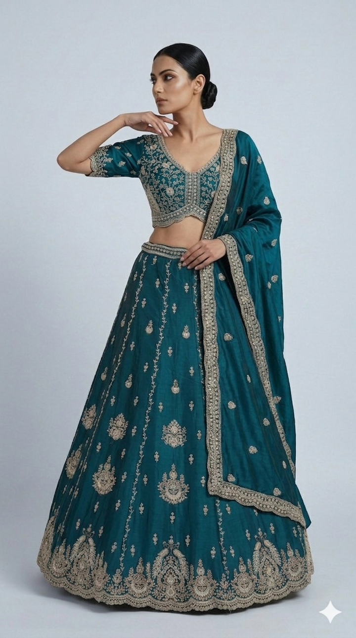 Teal Blue Designer Lehenga Set with Zari Embroidery & Regal Embellished Dupatta