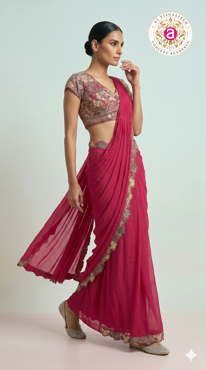 Rani Pink Ready-to-Wear Saree with Heavy Embroidered Blouse & Zari Border