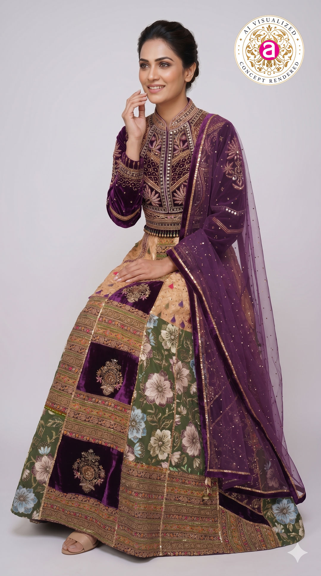 Royal Purple Velvet & Floral Panel Designer Lehenga Set with Embroidered Dupatta