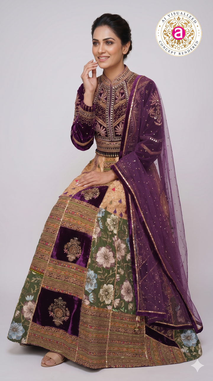 Royal Purple Velvet & Floral Panel Designer Lehenga Set with Embroidered Dupatta