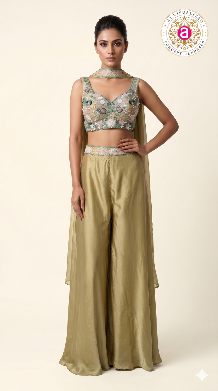 Sage Gold Embroidered Crop Top with Palazzo Pants & Cape Dupatta Set