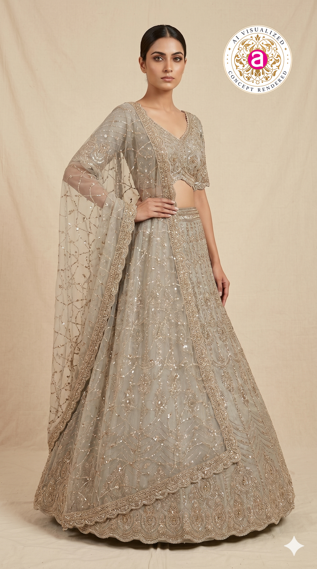 Champagne Beige Designer Lehenga Set with Sequin Embroidery & Embellished Net Dupatta