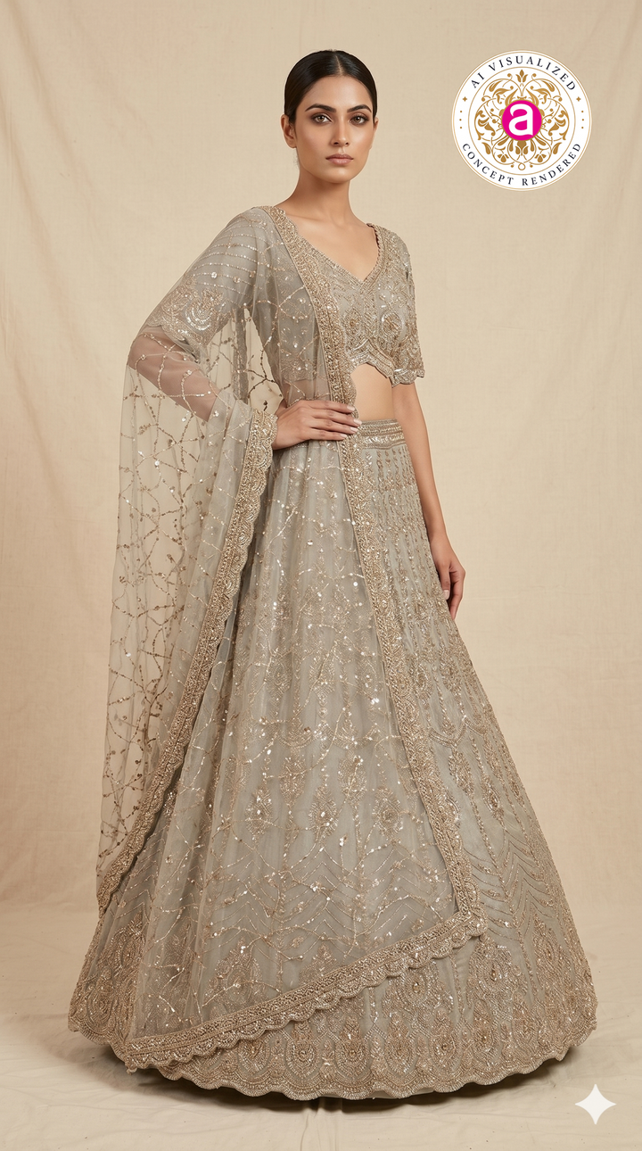 Champagne Beige Designer Lehenga Set with Sequin Embroidery & Embellished Net Dupatta