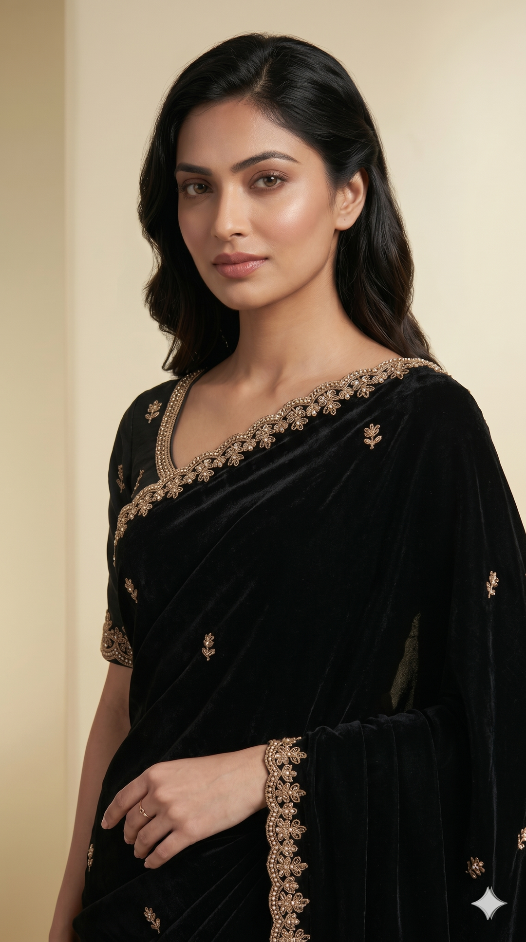 Black Pure Chinon Handwork Saree with Zardosi, Beads & Pearl Work