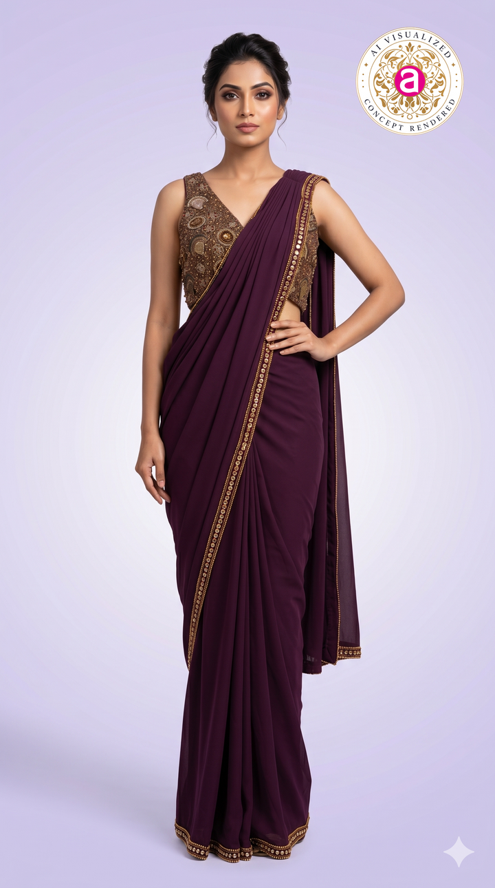 Wine Purple Ready-to-Wear Saree with Embellished Designer Blouse