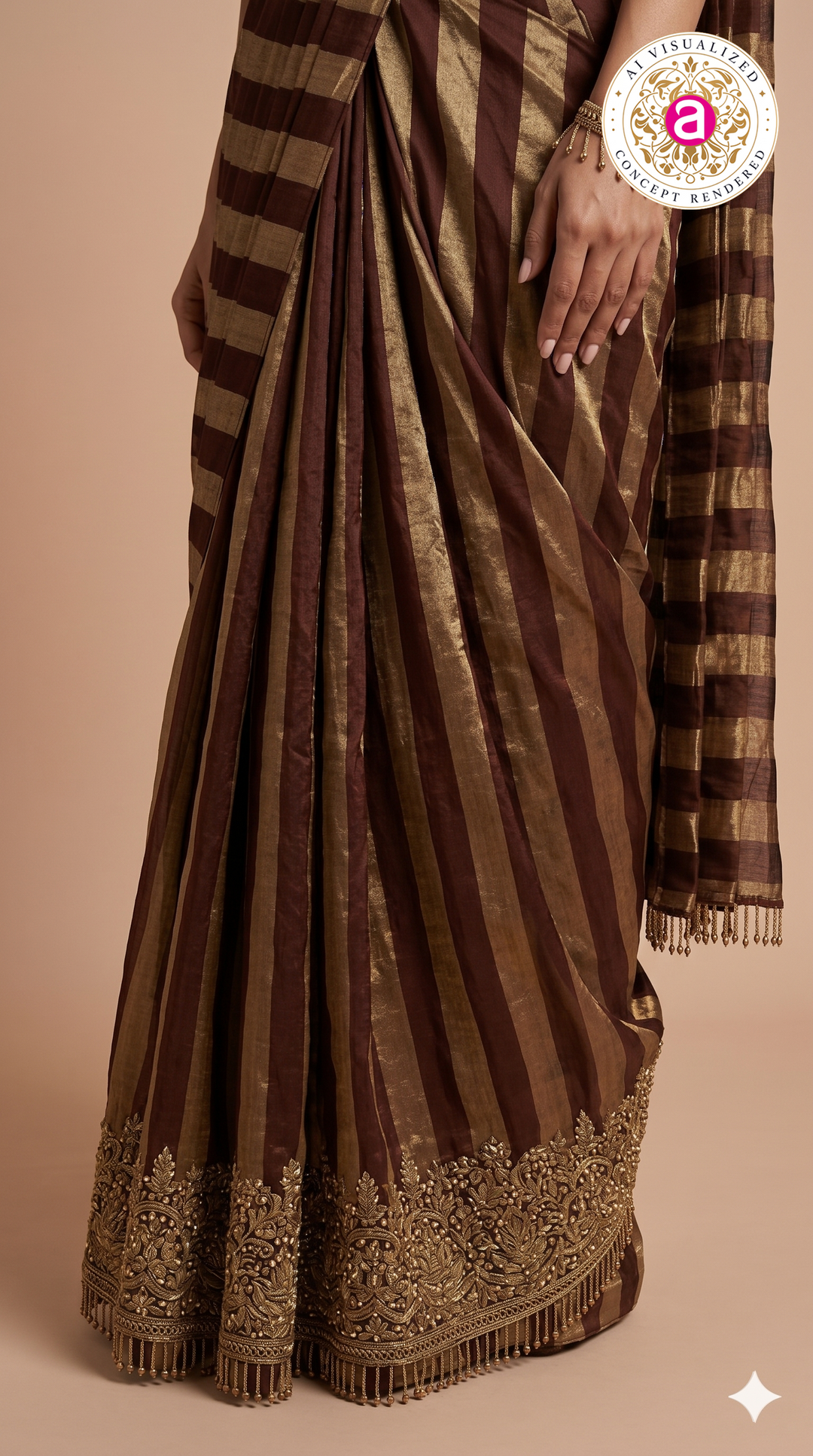 Wine Brown Ready to Wear Saree with Embellished Designer Blouse & Metallic Stripes