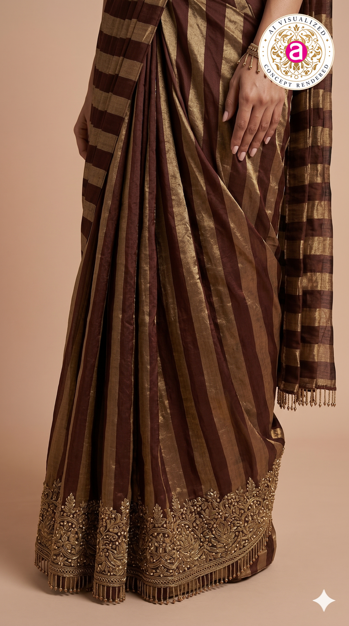 Wine Brown Ready to Wear Saree with Embellished Designer Blouse & Metallic Stripes
