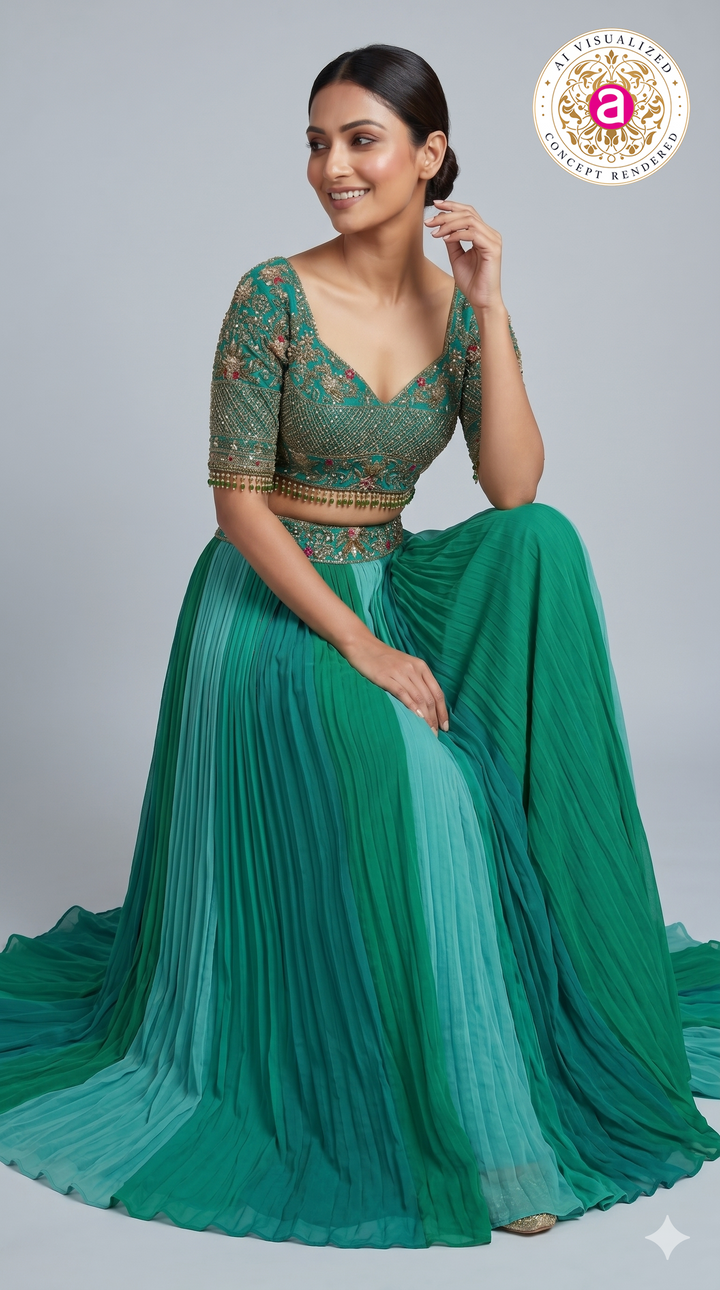 Teal Green Embroidered Crop Top with Pleated Lehenga Skirt