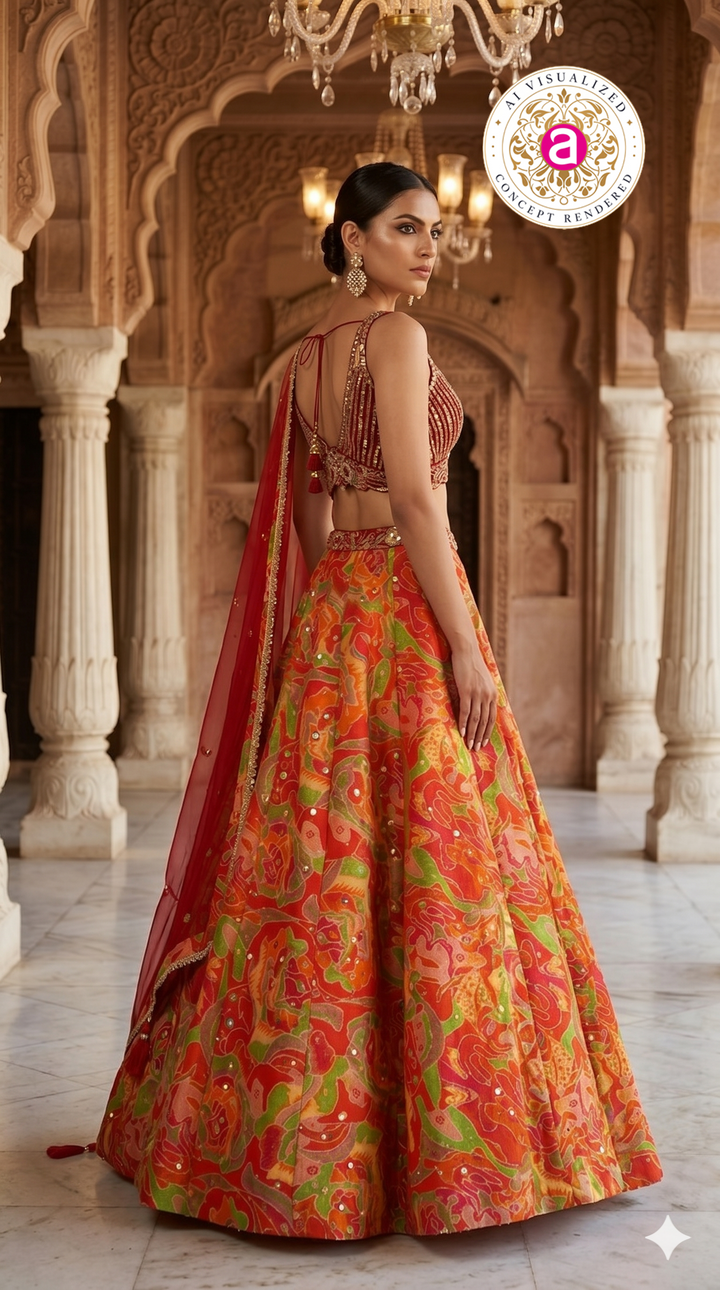 Red Multicolor Abstract Printed Designer Lehenga Set with Embellished Blouse & Net Dupatta