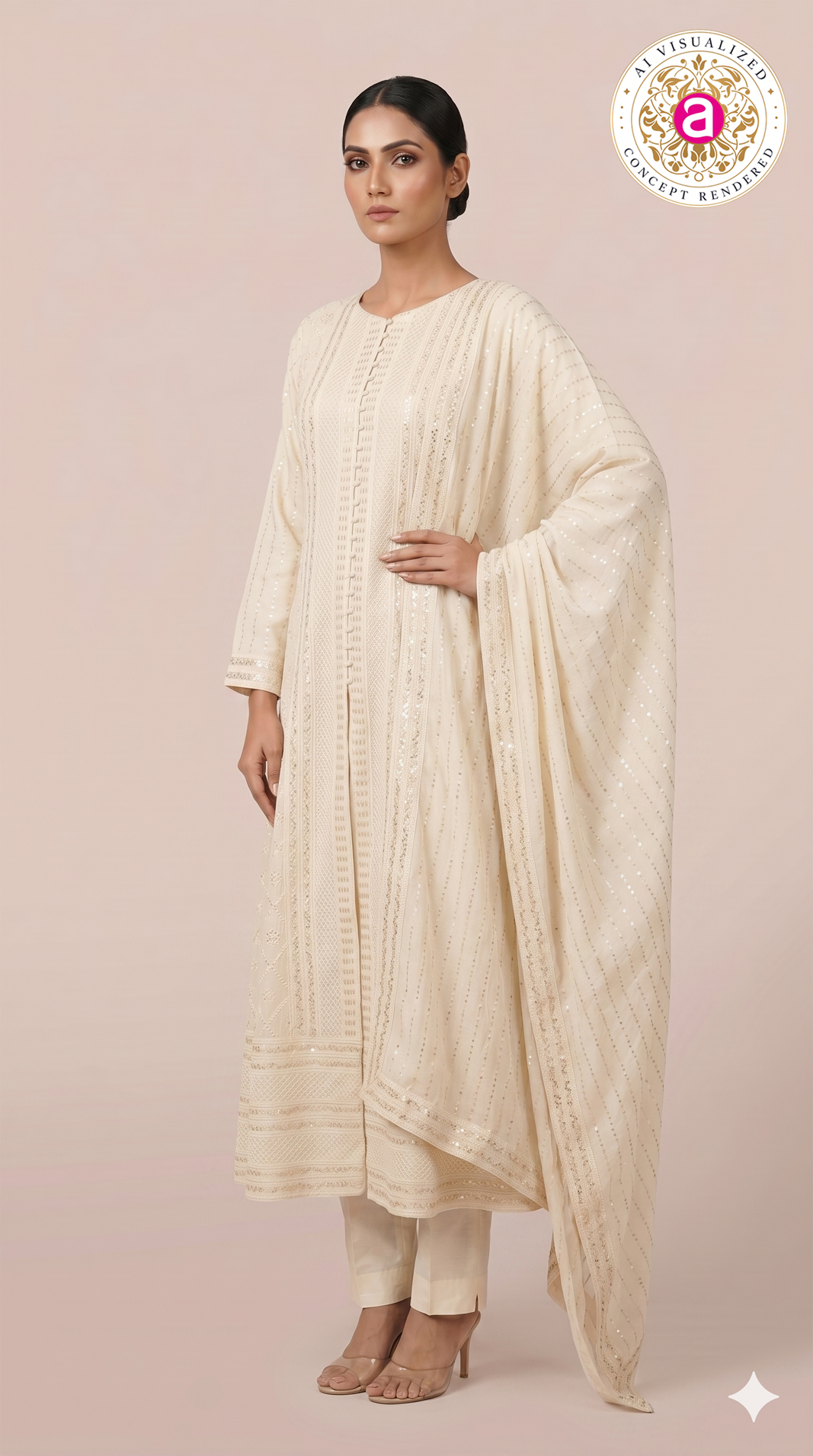 Ivory White Embroidered Straight Kurta Set with Dupatta